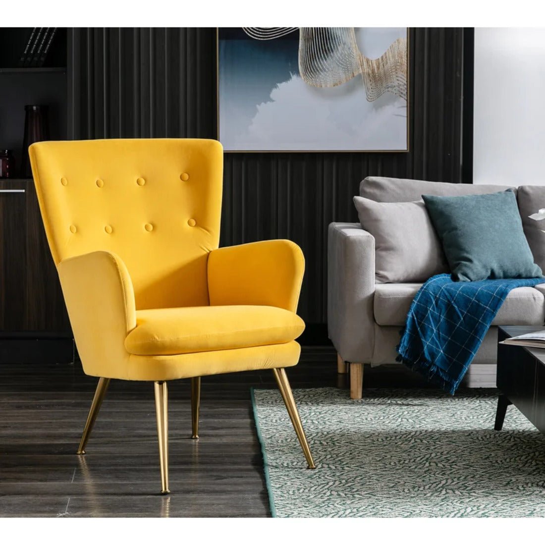 Tufted Long Back Yellow Color Lounge Chair with Ottoman - Decor Smart