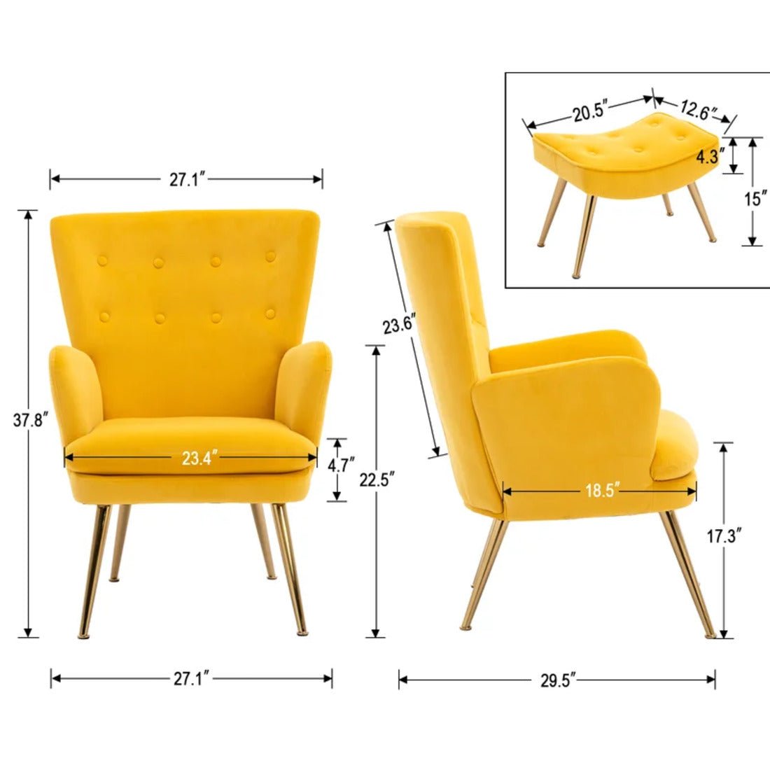 Tufted Long Back Yellow Color Lounge Chair with Ottoman - Decor Smart