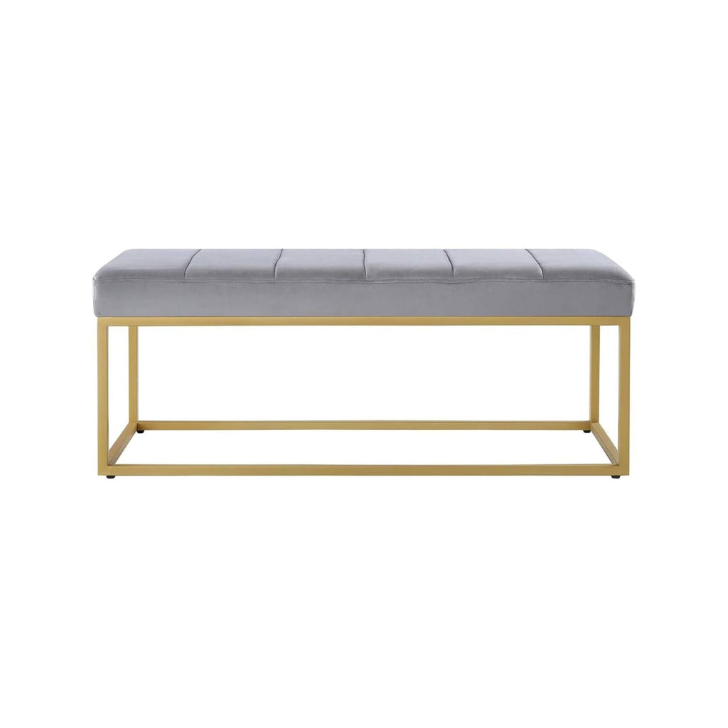 Tufted Rich Grey Velvet Bench with Sleek Gold Metal Legs Ottoman