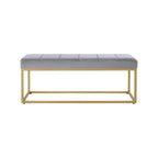 Tufted Rich Grey Velvet Bench with Sleek Gold Metal Legs Ottoman