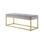 Tufted Rich Grey Velvet Bench with Sleek Gold Metal Legs Ottoman
