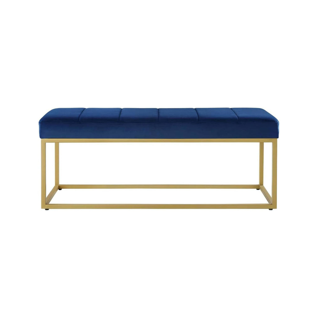 Tufted Royal Blue Velvet Bench with Sleek Gold Metal Legs Ottoman