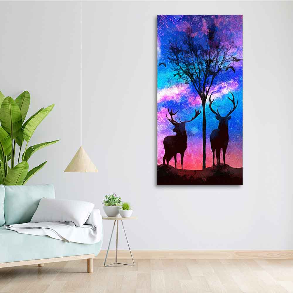 Two Deer in Forest at Night Premium Canvas Wall Painting - Decor Smart