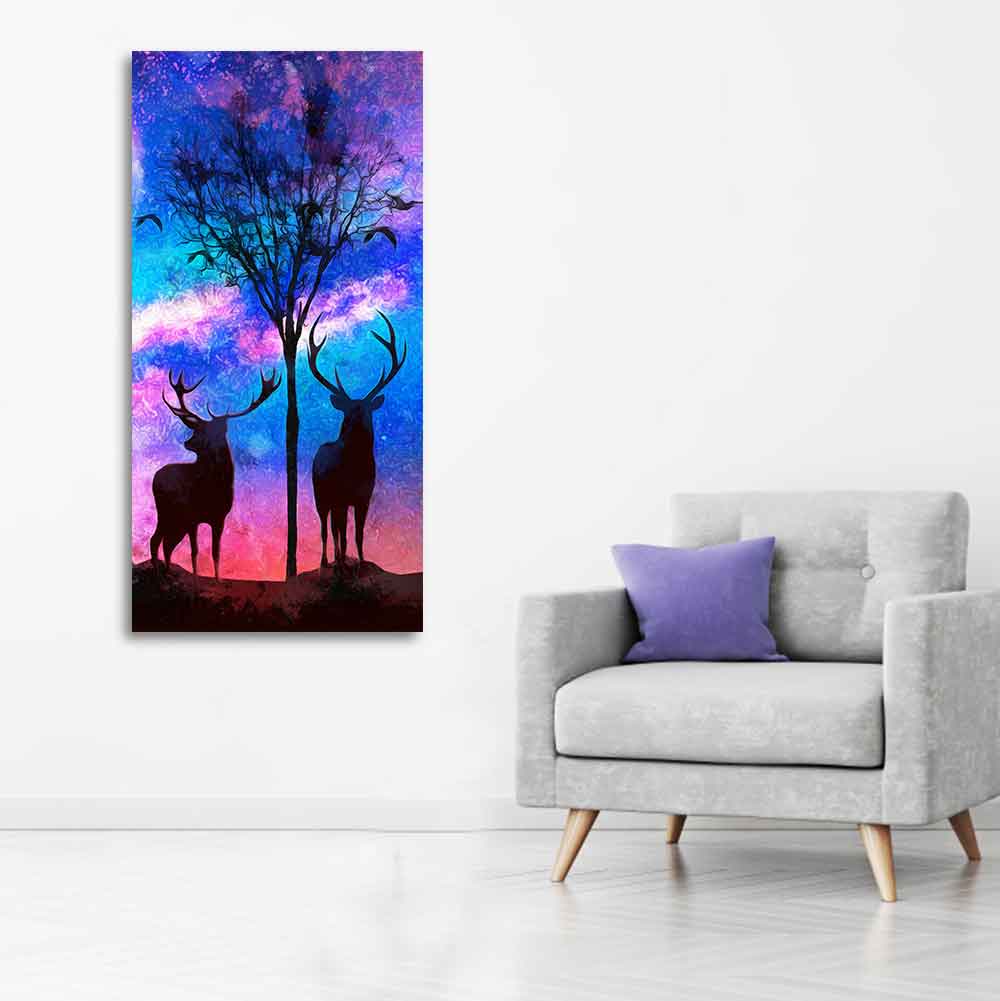 Two Deer in Forest at Night Premium Canvas Wall Painting - Decor Smart