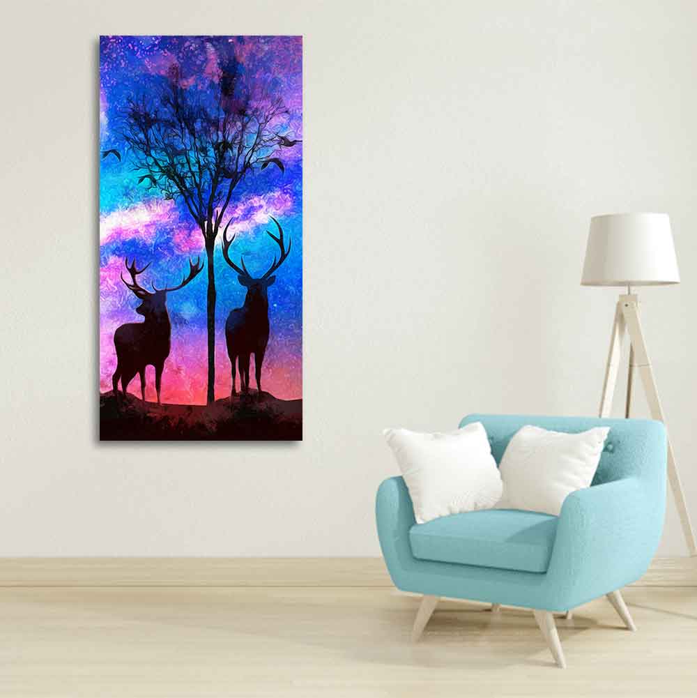Two Deer in Forest at Night Premium Canvas Wall Painting - Decor Smart
