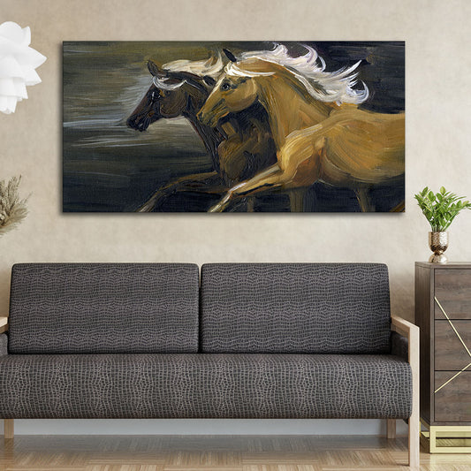 Two Horses Running in Dark Canvas Wall Painting - Decor Smart