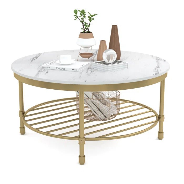 Two Tier Round Coffee Table with White Marble - Decor Smart