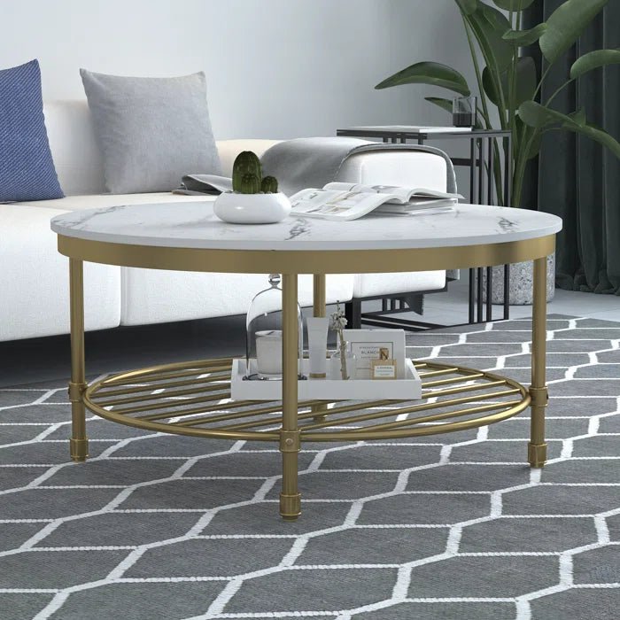 Two Tier Round Coffee Table with White Marble - Decor Smart