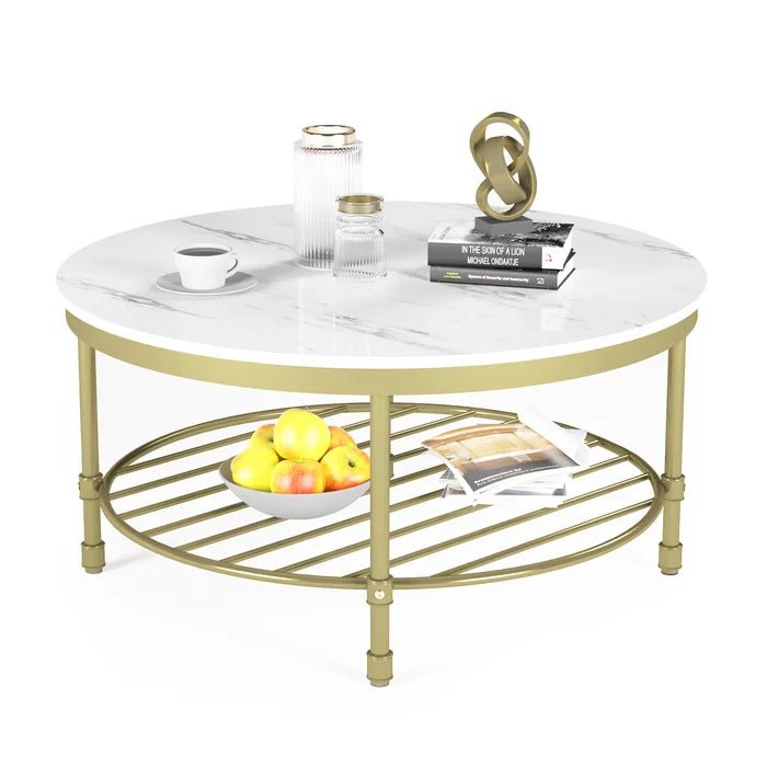 Two Tier Round Coffee Table with White Marble - Decor Smart