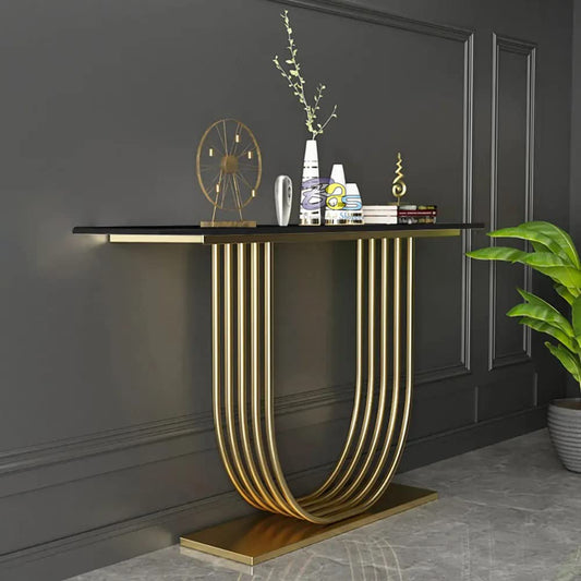 U - Shape Black Marble Golden Console Table - Decor Smart