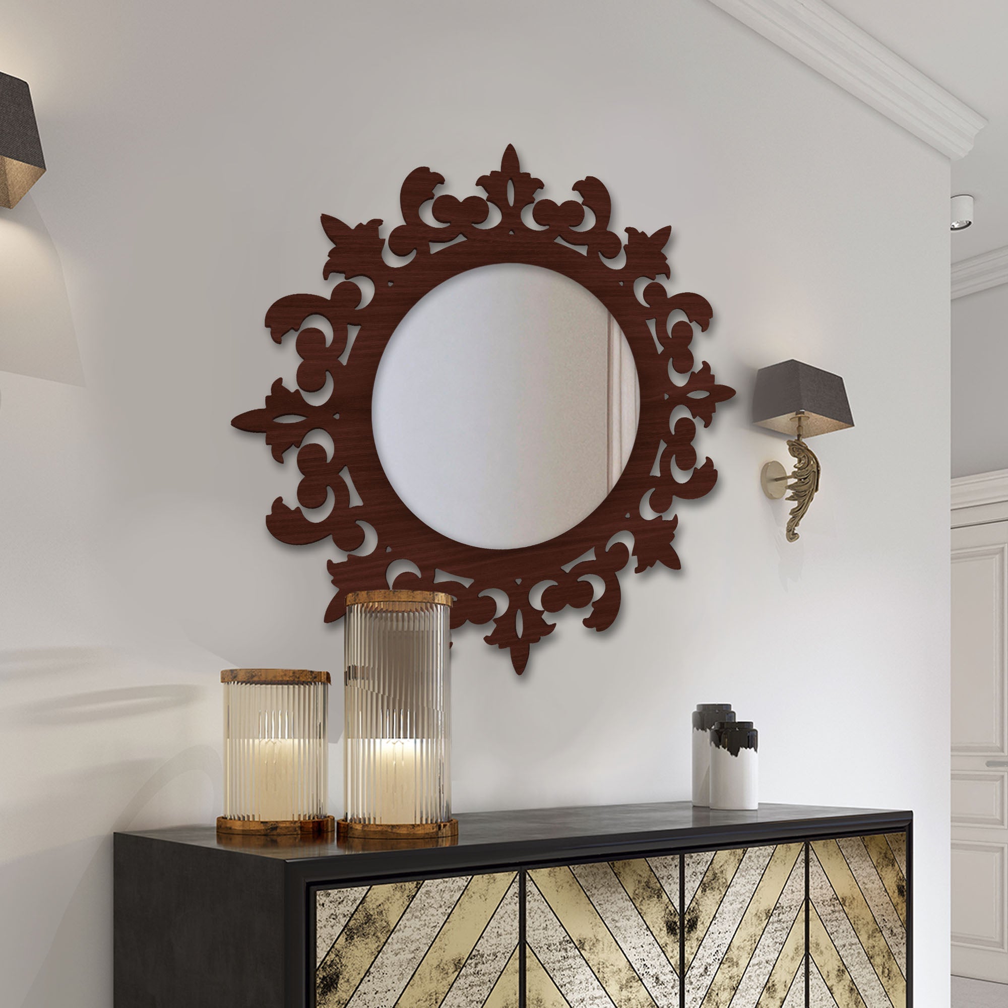 Unique Creation Round Shape Design Wooden Wall Mirror - Decor Smart