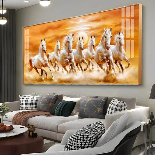 Vastu 7 Running White Horses Premium Acrylic Floating Wall Painting - Decor Smart