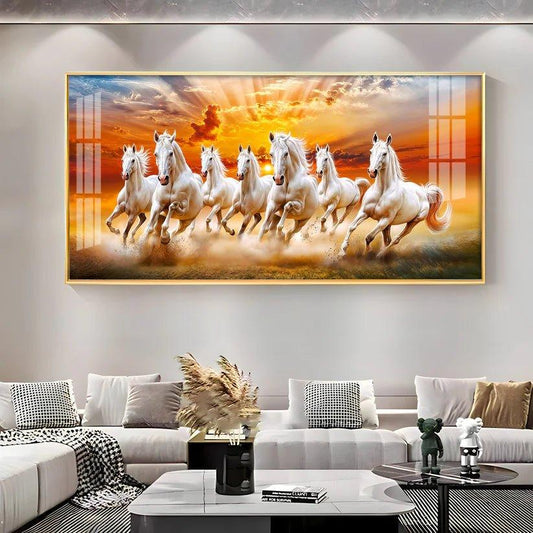 Vastu Seven Running Horses In Morning Premium Acrylic Floating Wall Painting - Decor Smart