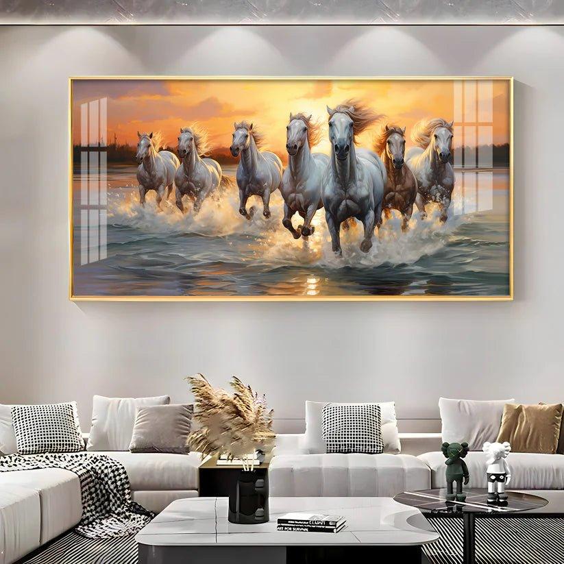 Vastu Seven Running Horses With Sunrise Premium Acrylic Floating Wall Painting - Decor Smart