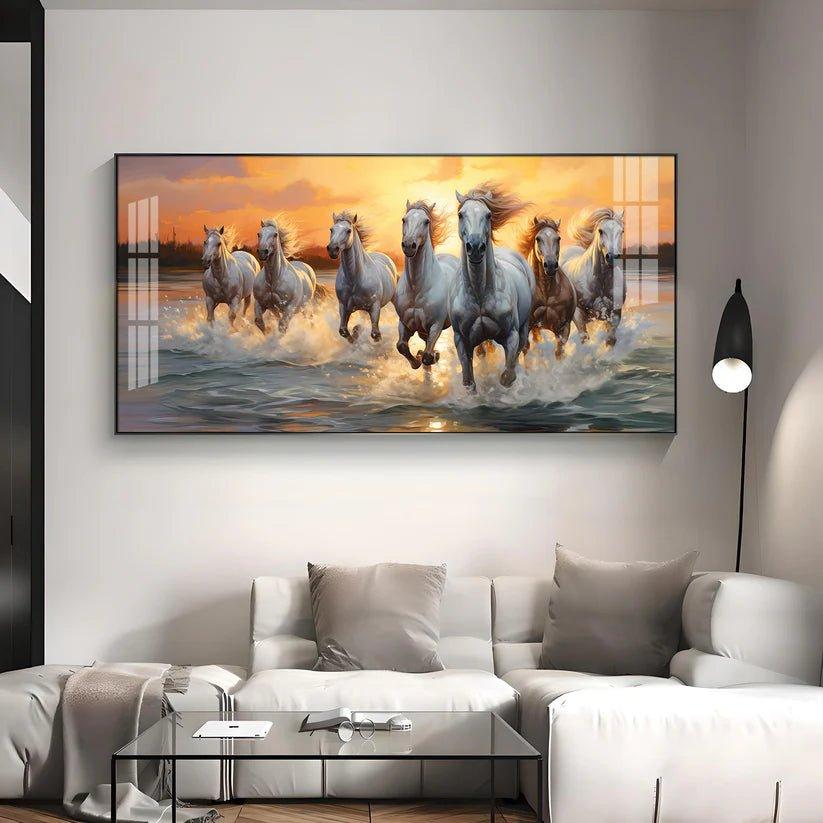 Vastu Seven Running Horses With Sunrise Premium Acrylic Floating Wall Painting - Decor Smart