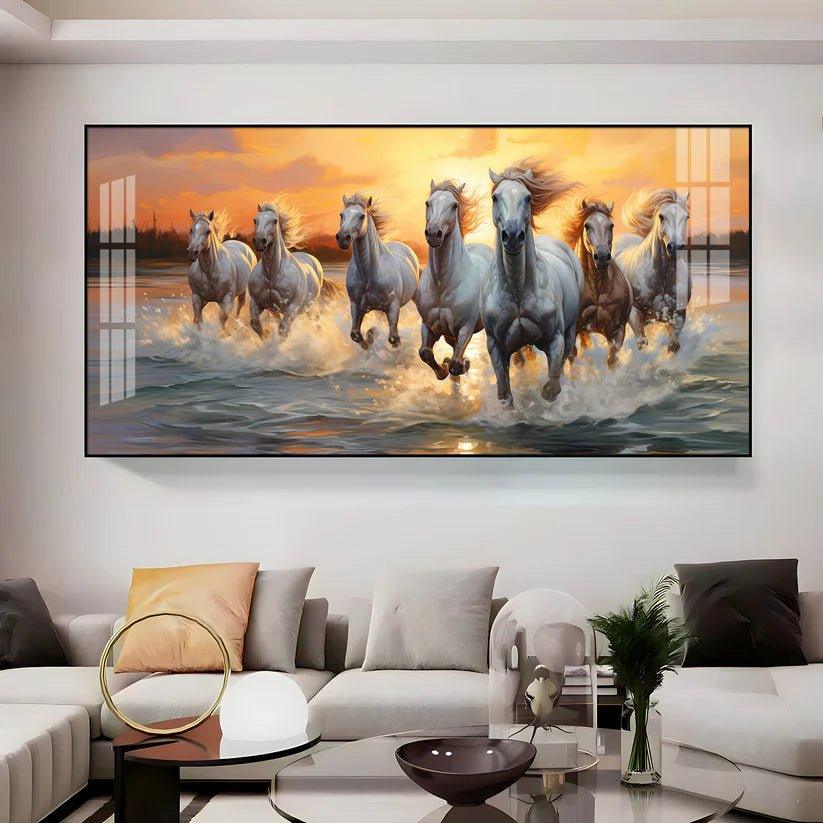 Vastu Seven Running Horses With Sunrise Premium Acrylic Floating Wall Painting - Decor Smart