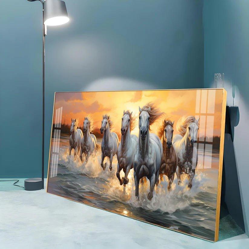 Vastu Seven Running Horses With Sunrise Premium Acrylic Floating Wall Painting - Decor Smart