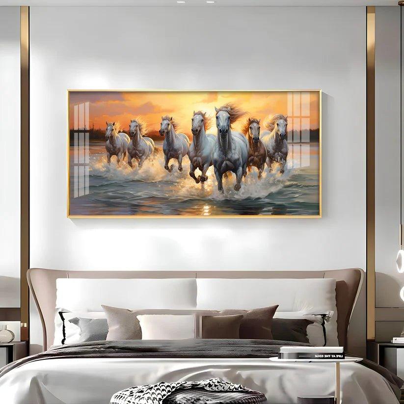 Vastu Seven Running Horses With Sunrise Premium Acrylic Floating Wall Painting - Decor Smart