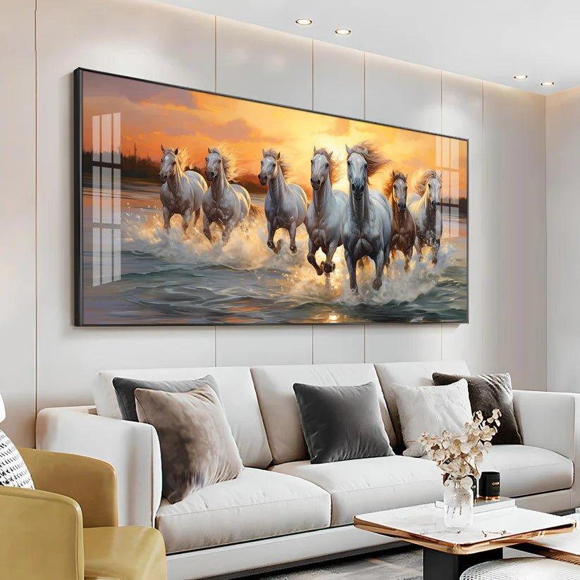 Vastu Seven Running Horses With Sunrise Premium Acrylic Floating Wall Painting - Decor Smart