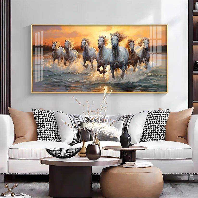 Vastu Seven Running Horses With Sunrise Premium Acrylic Floating Wall Painting - Decor Smart