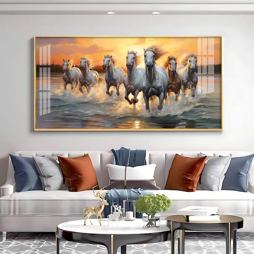 Vastu Seven Running Horses With Sunrise Premium Acrylic Floating Wall Painting - Decor Smart