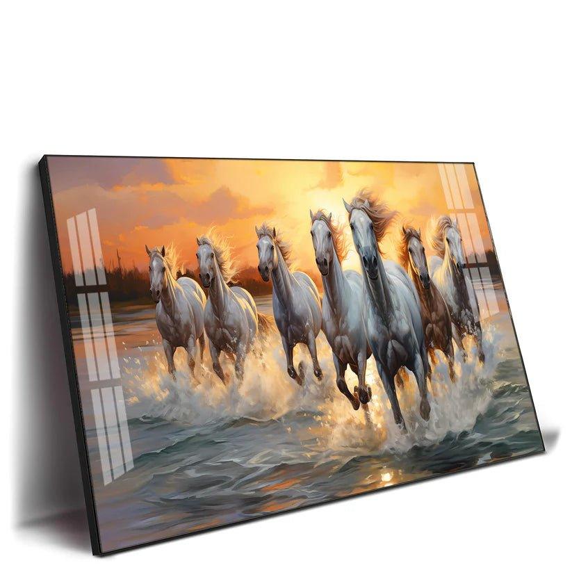 Vastu Seven Running Horses With Sunrise Premium Acrylic Floating Wall Painting - Decor Smart