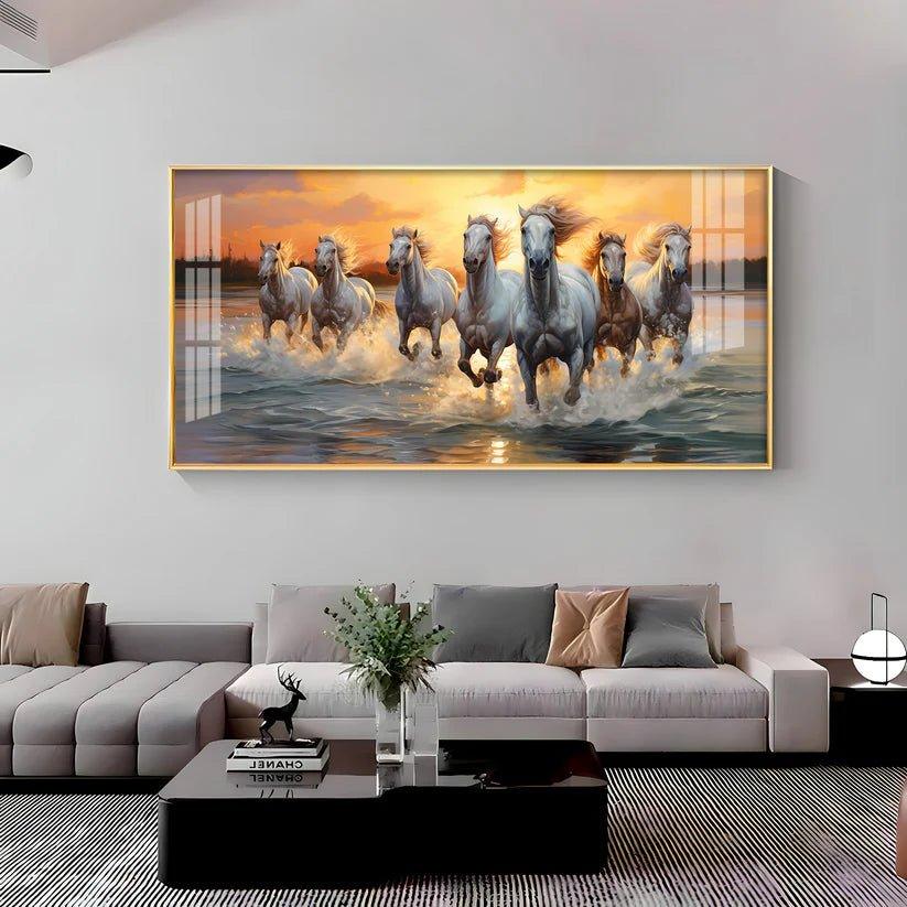 Vastu Seven Running Horses With Sunrise Premium Acrylic Floating Wall Painting - Decor Smart