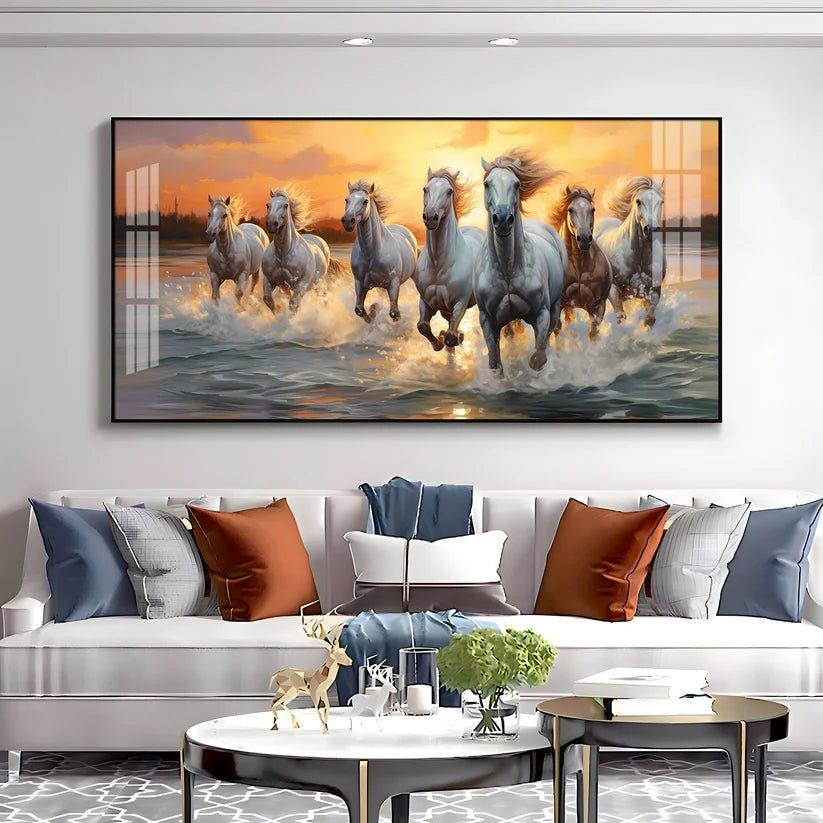 Vastu Seven Running Horses With Sunrise Premium Acrylic Floating Wall Painting - Decor Smart