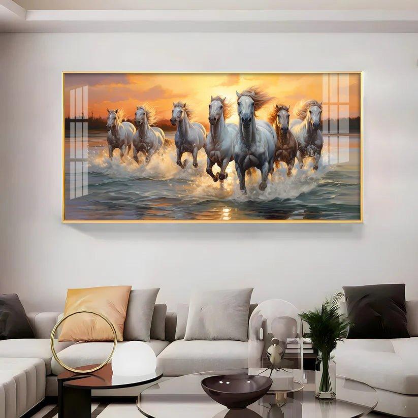 Vastu Seven Running Horses With Sunrise Premium Acrylic Floating Wall Painting - Decor Smart