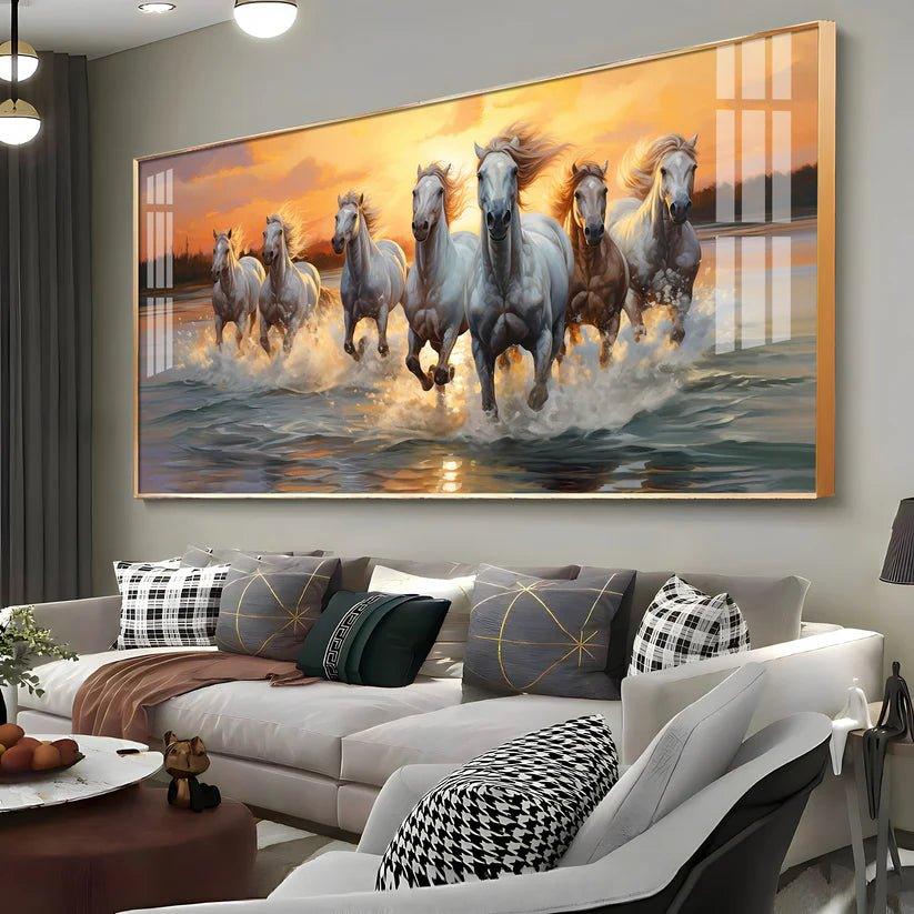 Vastu Seven Running Horses With Sunrise Premium Acrylic Floating Wall Painting - Decor Smart