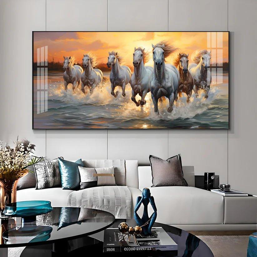 Vastu Seven Running Horses With Sunrise Premium Acrylic Floating Wall Painting - Decor Smart