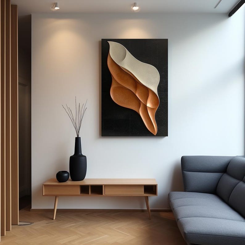 Vertical 3D Wall Art Panel with Flowing Tan and Cream Design