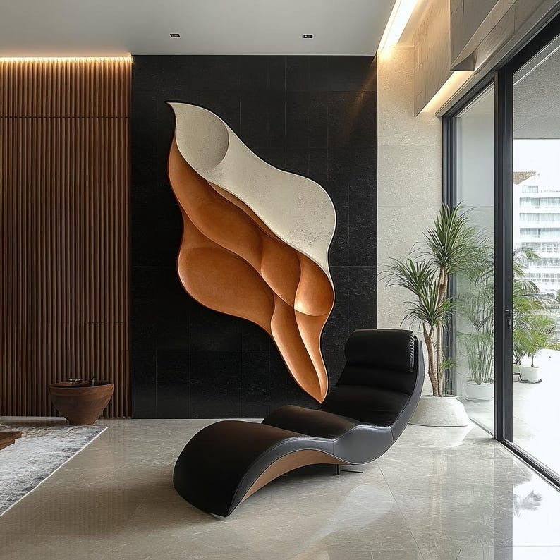 Vertical 3D Wall Art Panel with Flowing Tan and Cream Design