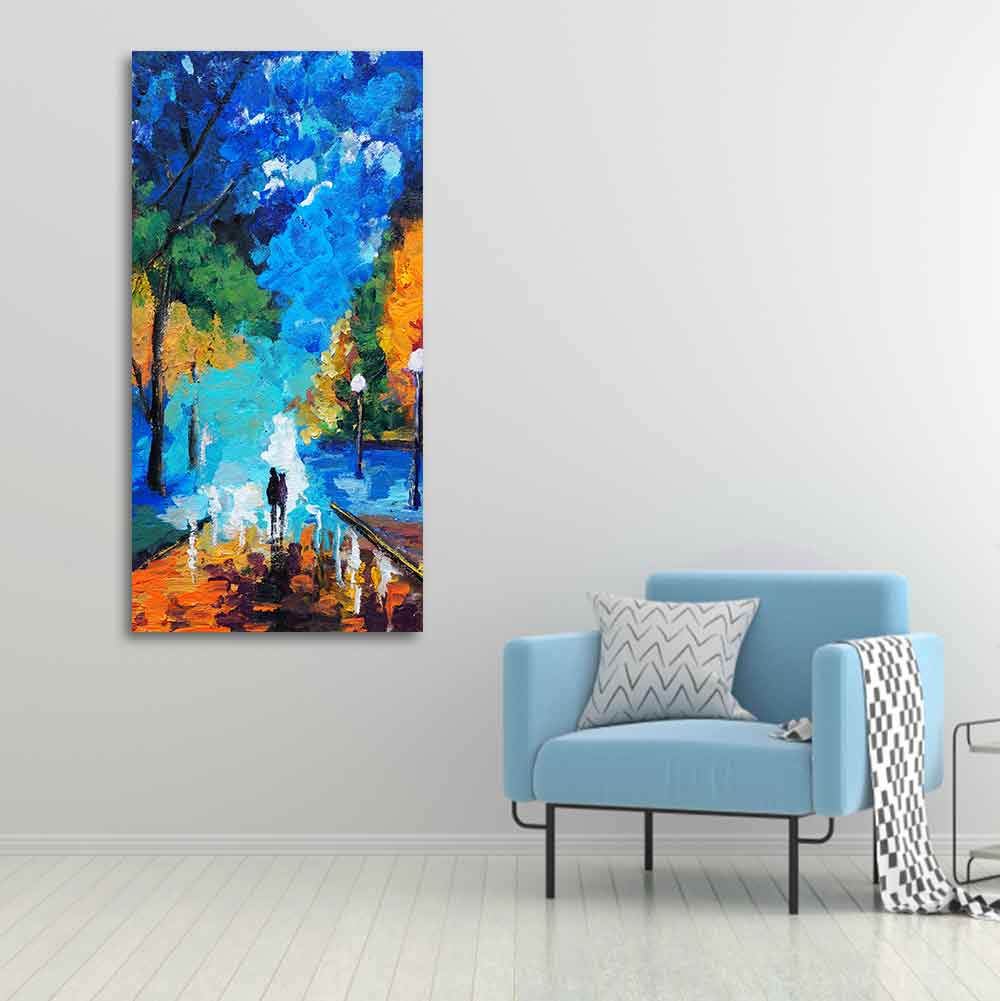 Vertical Wall Painting of Couple Walking in Night - Decor Smart