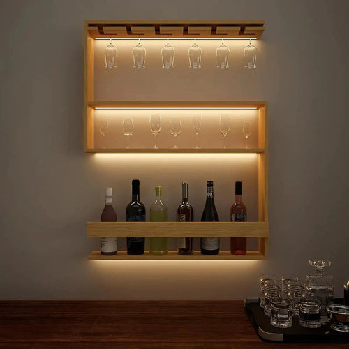 Modern Design Backlit MDF Bar Wall Shelf / Mini Bar Shelf in Light Oak Finish