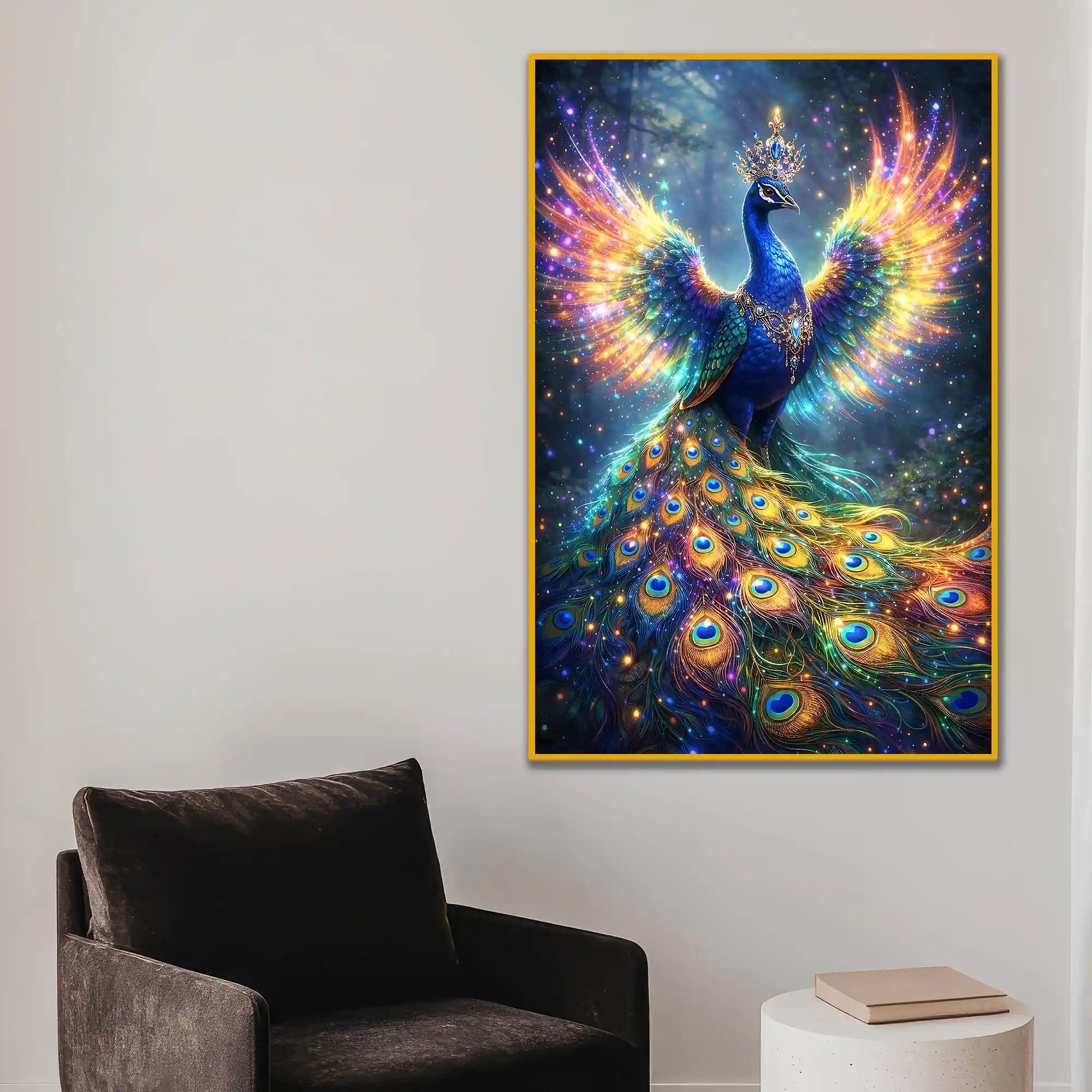 Vibrant Peacock Floating Frame Crystal Wall Painting
