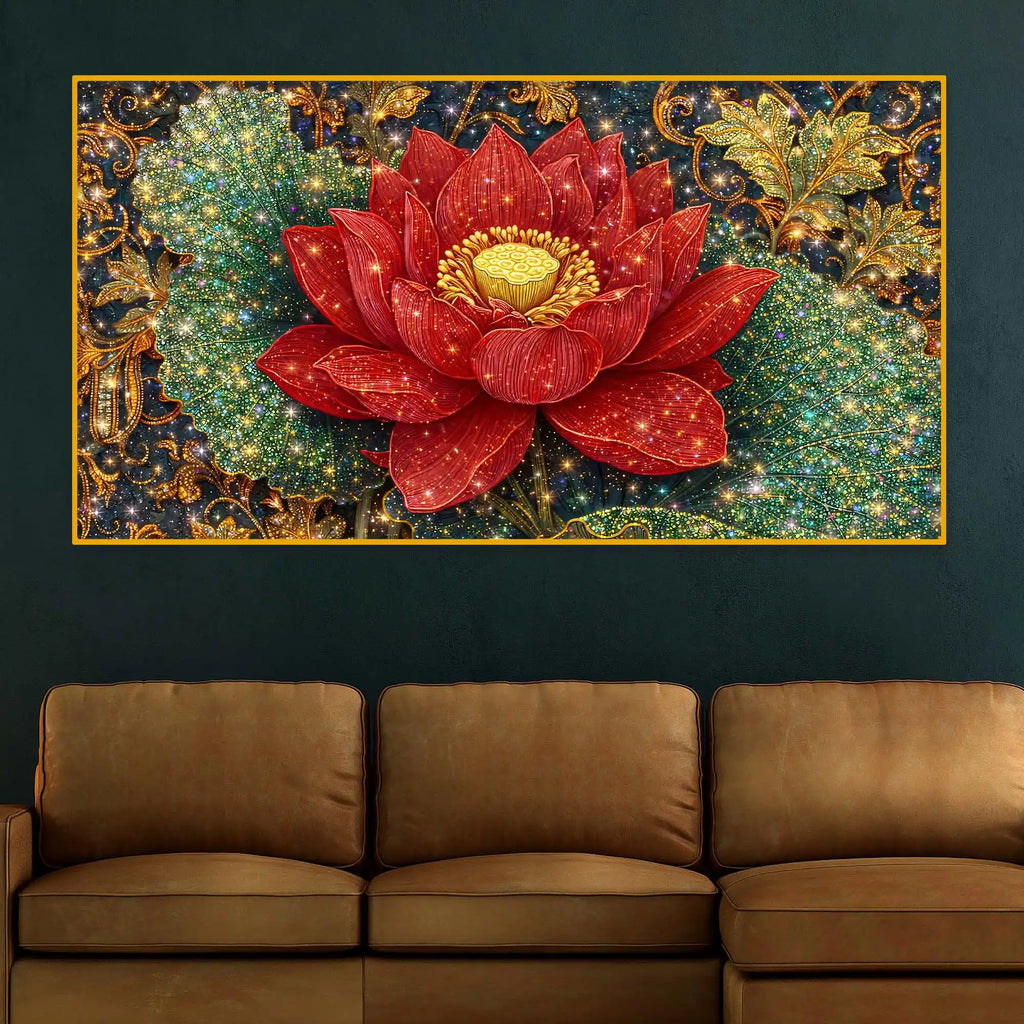 Vibrant Red Lotus Painting Crystal Glass Wall Art for Luxury Décor