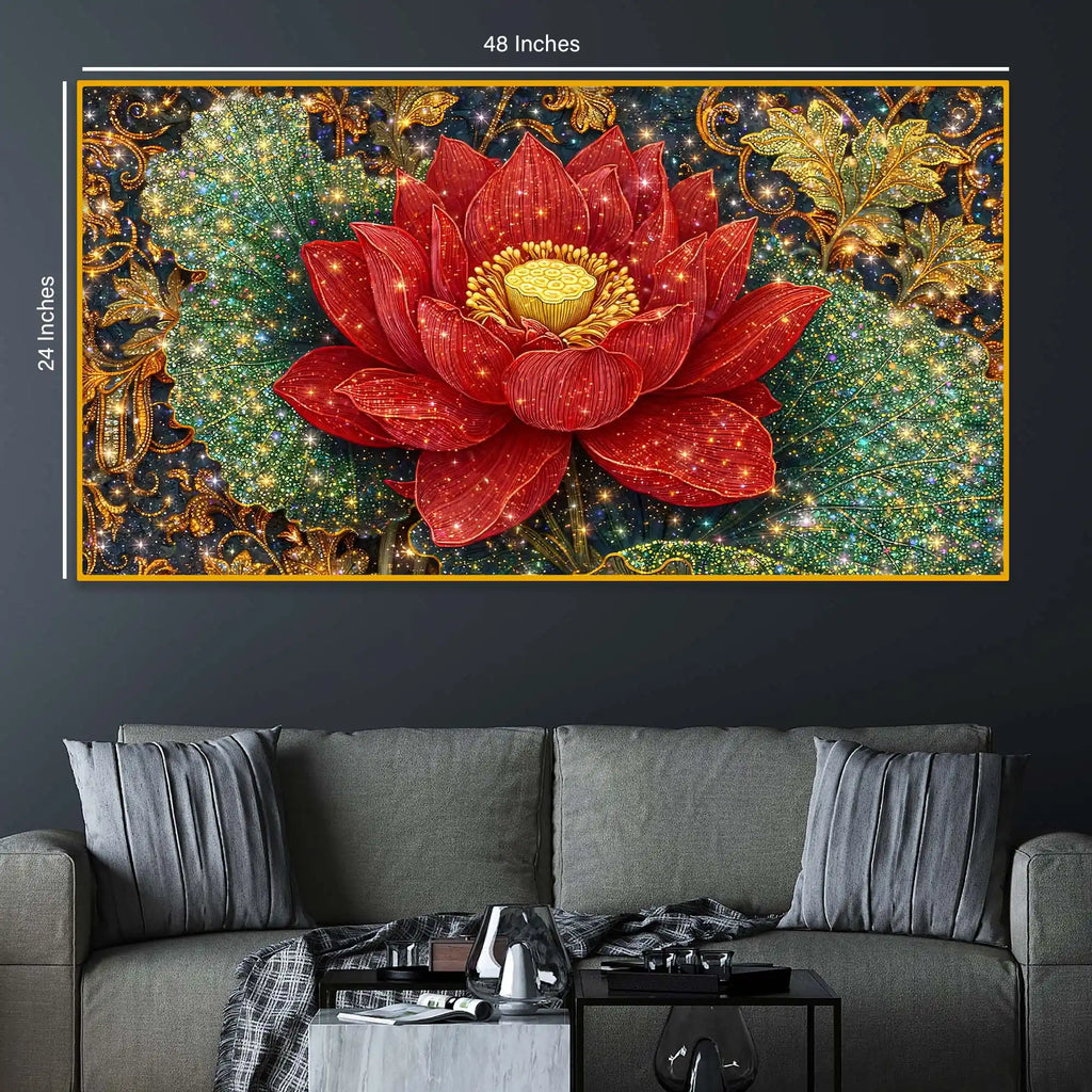 Vibrant Red Lotus Painting Crystal Glass Wall Art for Luxury Décor