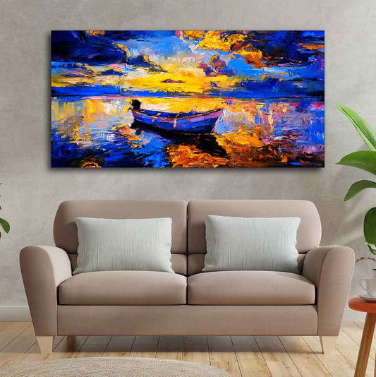 Wall Canvas Painting of Boat Sunset Over Ocean - Decor Smart