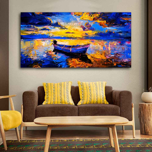 Wall Canvas Painting of Boat Sunset Over Ocean - Decor Smart
