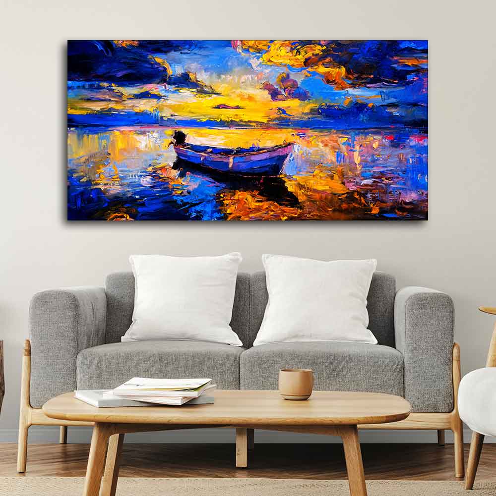 Wall Canvas Painting of Boat Sunset Over Ocean - Decor Smart