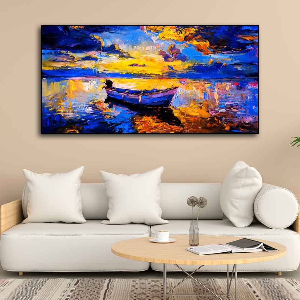 Wall Canvas Painting of Boat Sunset Over Ocean - Decor Smart