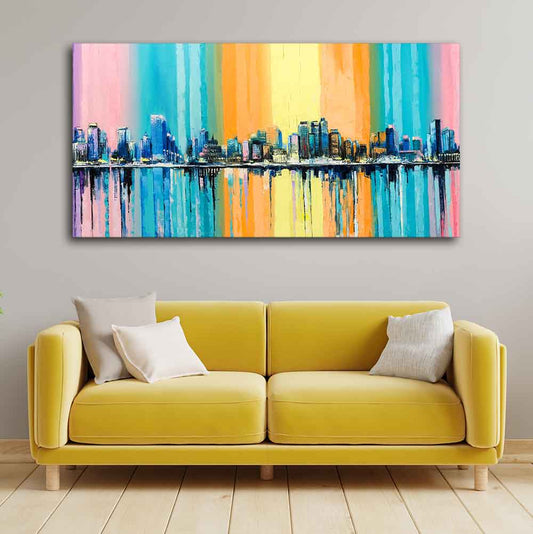 Wall Painting of A Fantasy Coastal city with a Rainbow Background - Decor Smart