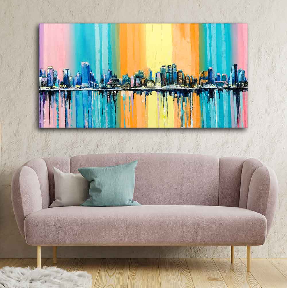 Wall Painting of A Fantasy Coastal city with a Rainbow Background - Decor Smart