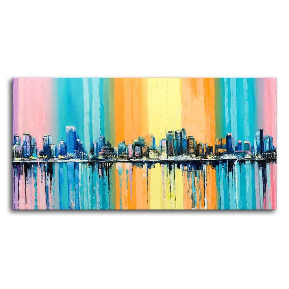 Wall Painting of A Fantasy Coastal city with a Rainbow Background - Decor Smart