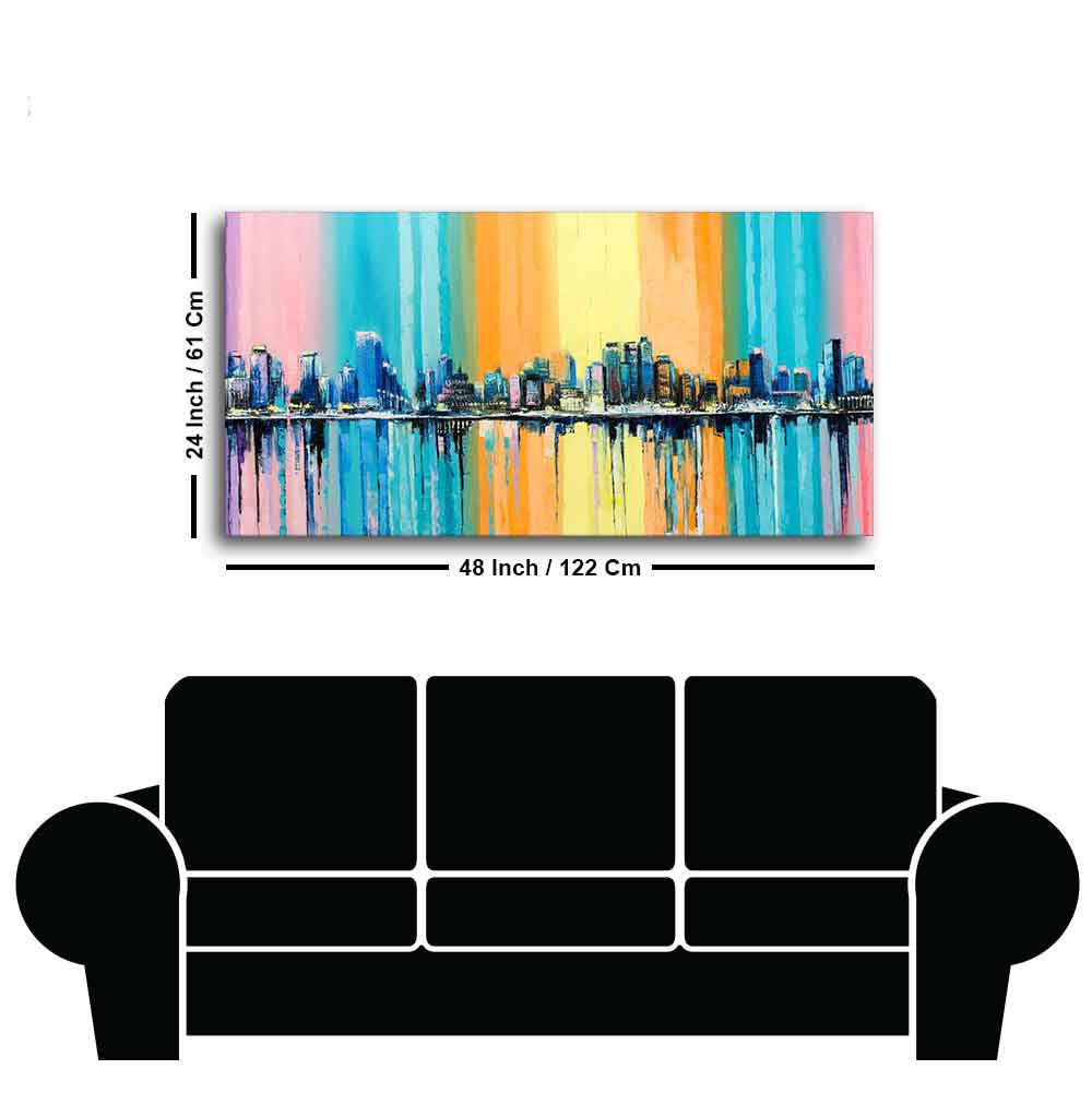 Wall Painting of A Fantasy Coastal city with a Rainbow Background - Decor Smart