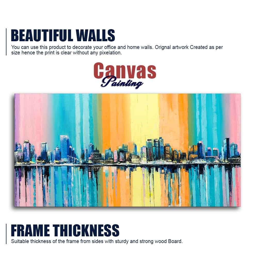 Wall Painting of A Fantasy Coastal city with a Rainbow Background - Decor Smart