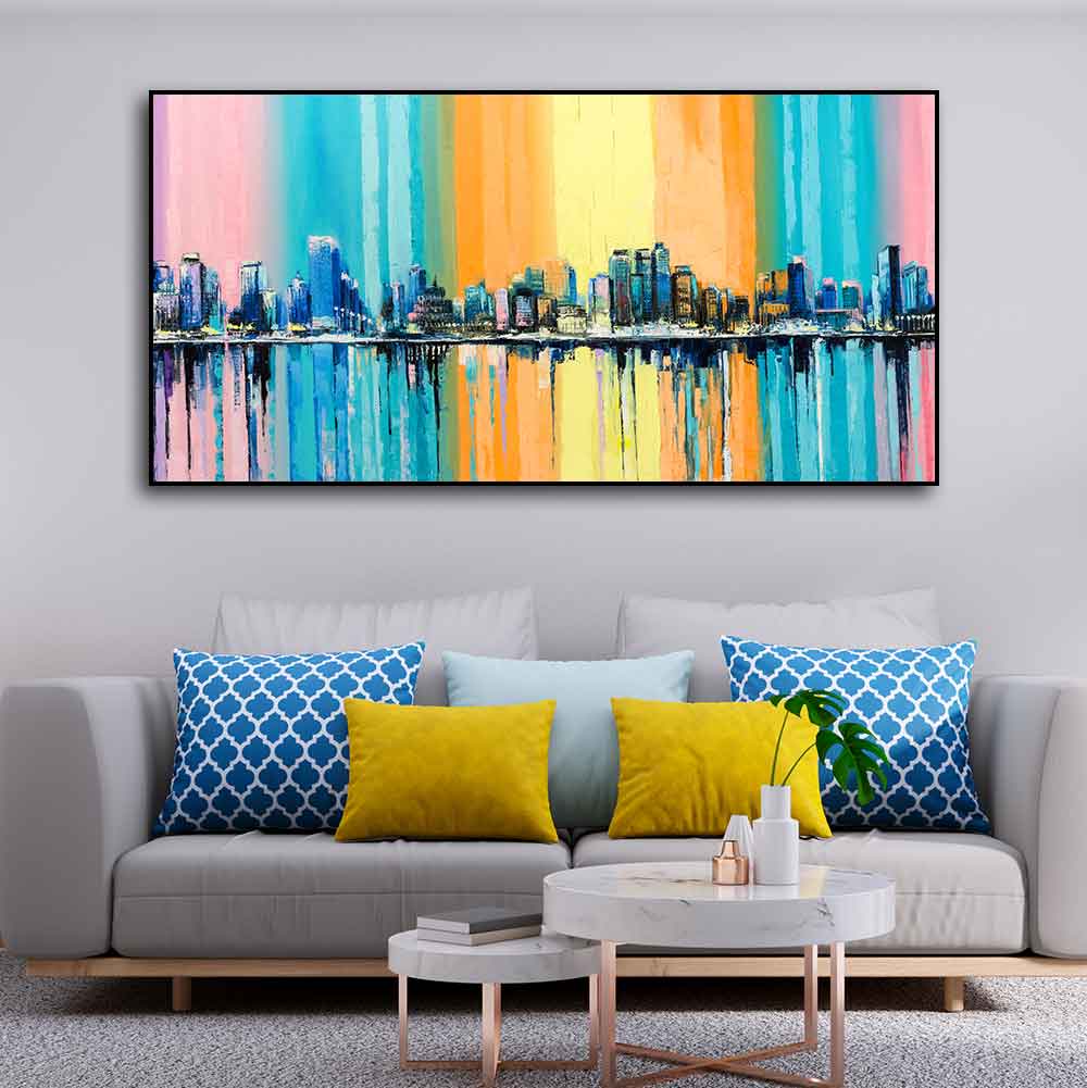 Wall Painting of A Fantasy Coastal city with a Rainbow Background - Decor Smart
