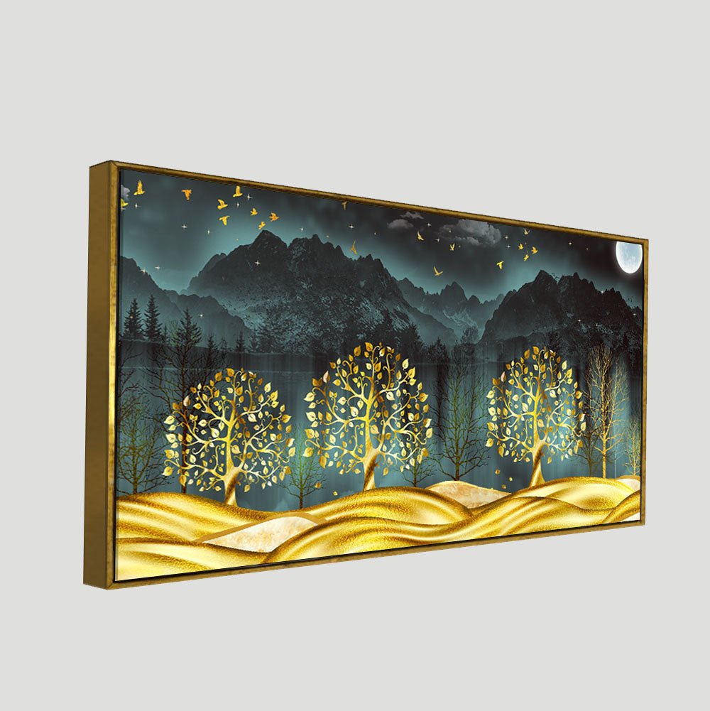 Wall Painting of Golden Trees in Dark Forest - Decor Smart