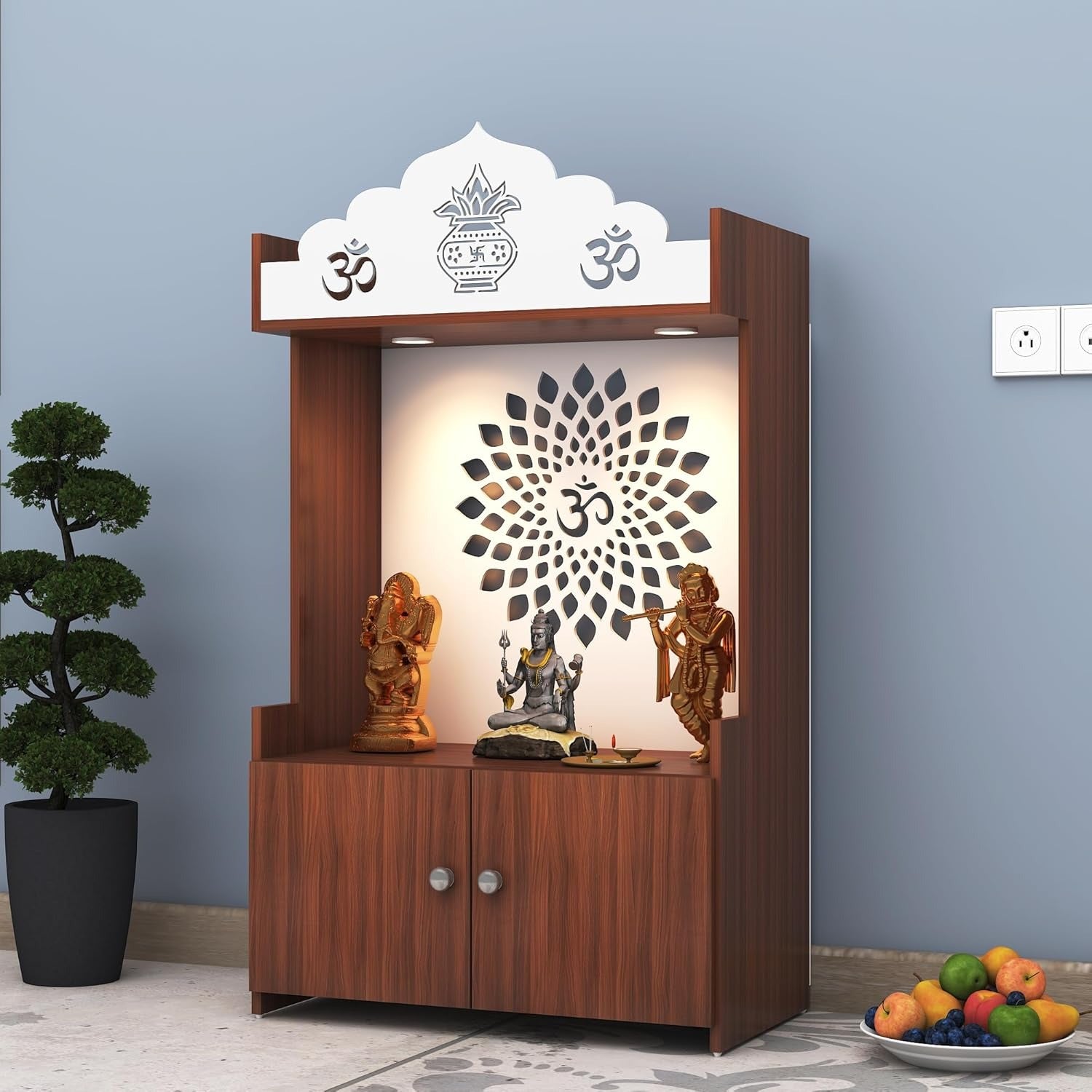 Walnut Finish Wooden Floor Pooja Mandir with Kalash & Om Design Lotus Pattern Back Panel & Cabinet